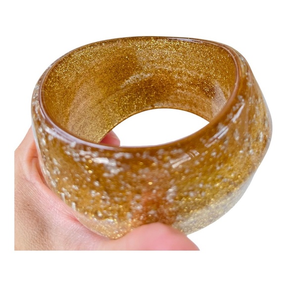 Chunky Wide Gold Glitter and Silver Flakes Lucite Bangle Bracelet - Picture 3 of 5